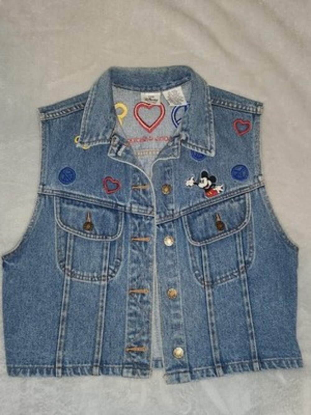 Disney Store Denim Vest Mickey Mouse Embroidered Peace & Hearts Womens Size M